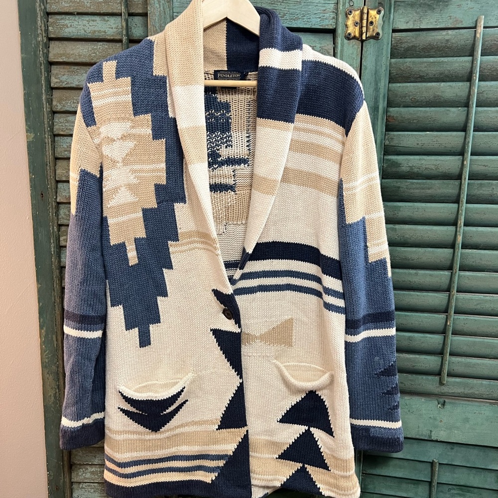Pendleton Blue and Cream Aztec Geometric south western Cardigan